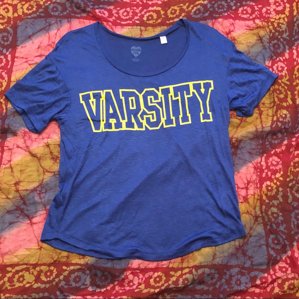 NWOT Royal Blue Graphic “Varsity” top